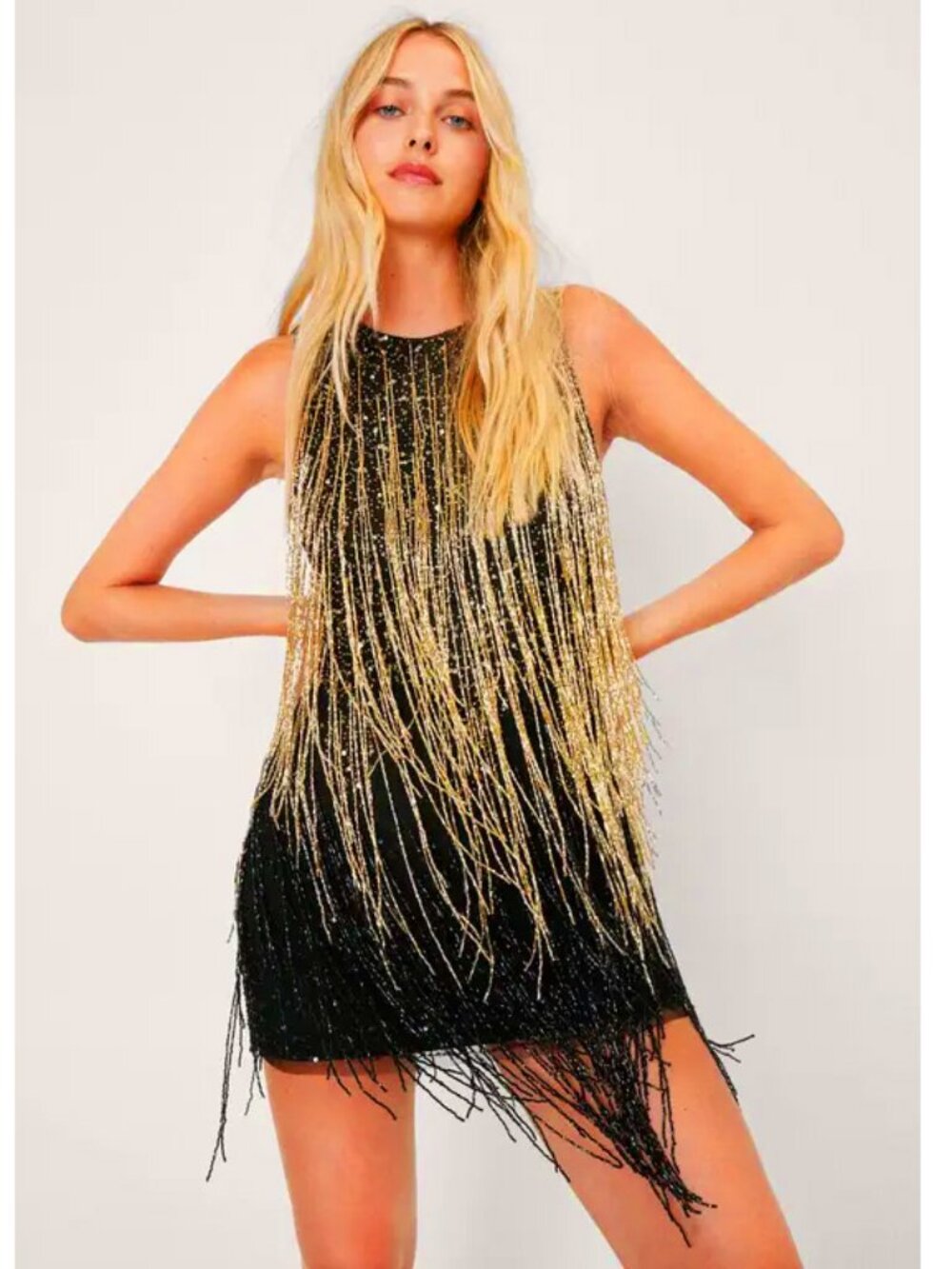 💥KNOCKOUT!💥Roaring 20s Vibe Icon Tassel Beaded Open Back Dress in Black & Gold